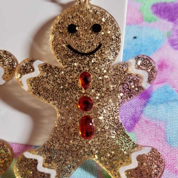 Christmas Glitter Gingerbread Man Drop Earrings - Picture 3 of 5